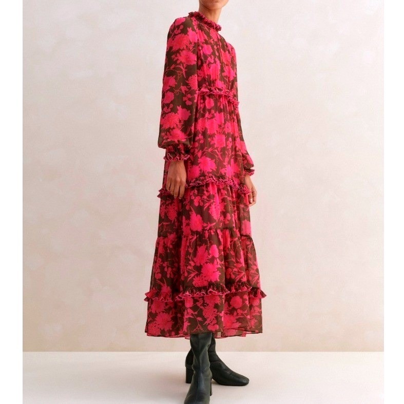 Me+Em Pink And Brown Floral Tiered Maxi Dress
